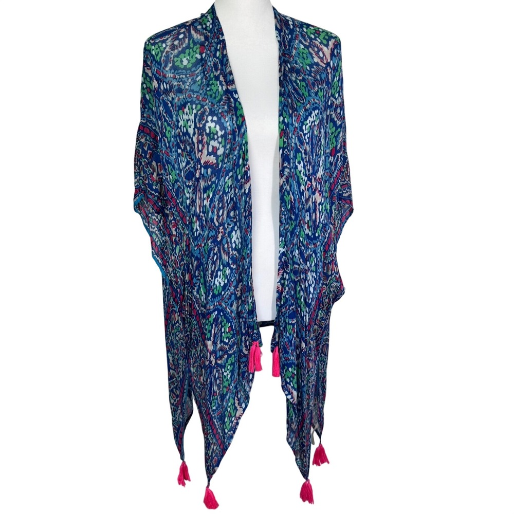 SOFT SURROUNDINGS Women's One Size Blue Paisley Tassel Kimono Wrap Rayon Coverup